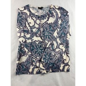 Talbots Petites Cardigan M Cream Teal Purple‎ Paisley Button Up Sweater Top